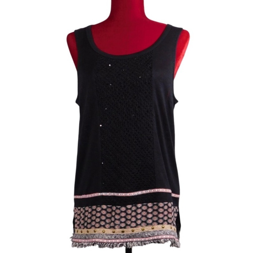 Miss Me Embellished Tank Top Black Lace Back Sequins & Fringe‎ Sz Large BWW19